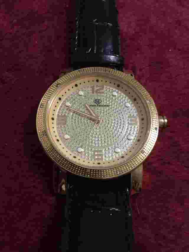 Mens Gold Tone Super Techno Diamond Watch Black Band