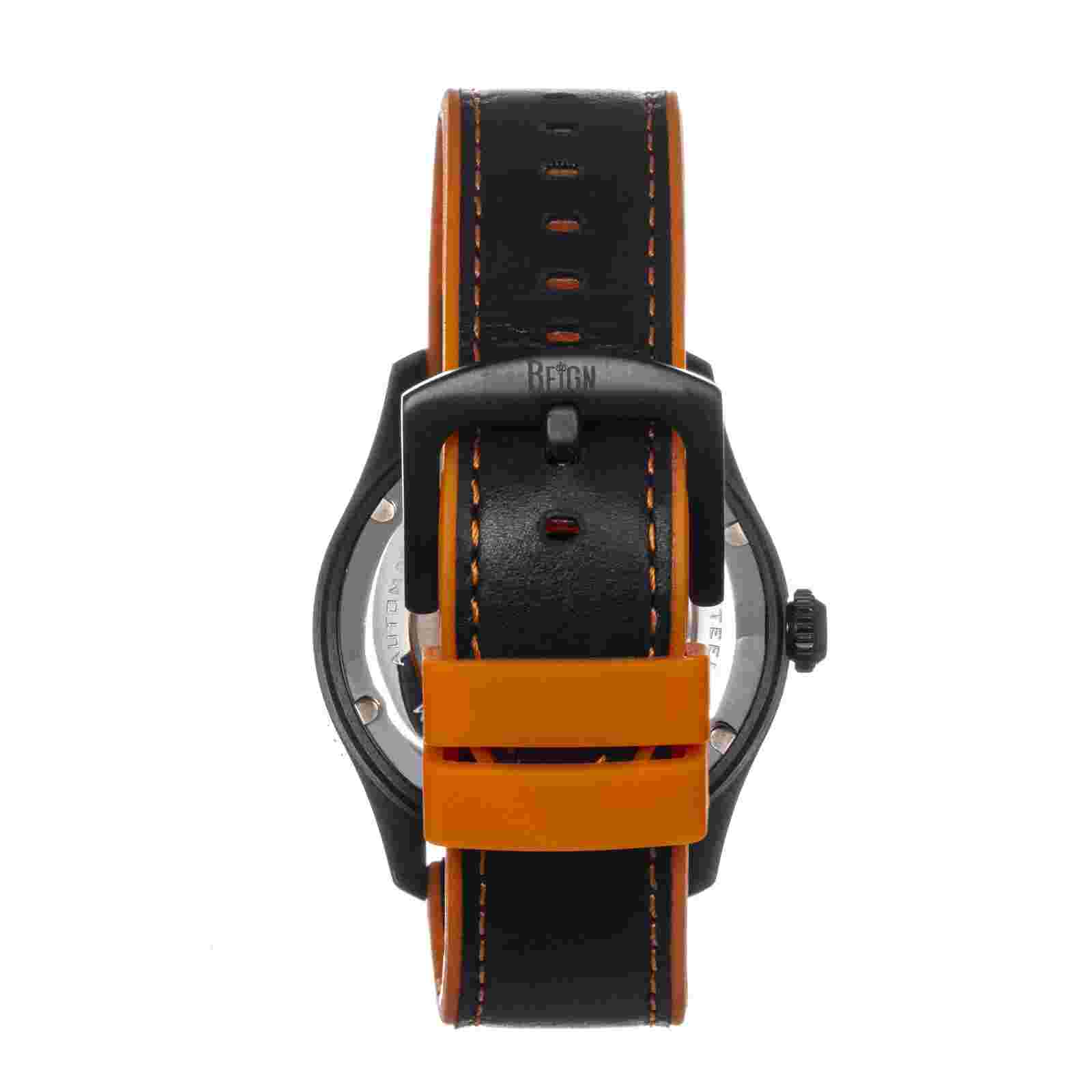 Reign Elijah Automatic Rubber Inlaid Leather-Band Watch W/Date - Black/Orange