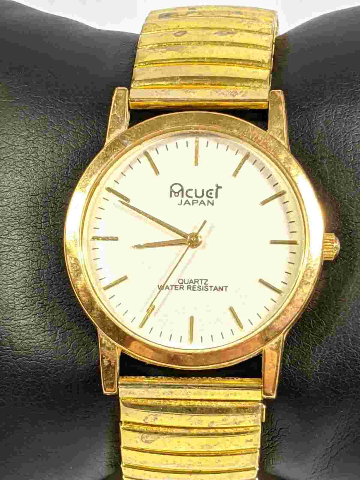 Vintage Acuet Japan Round Gold Tone Stretch Bracelet Band Watch