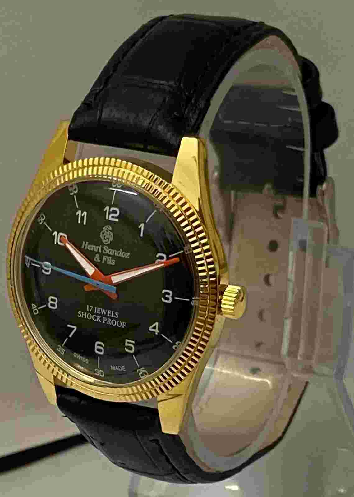 For Sale Henri Sandoz 17 Jewels Black Dial Hand Winding 17 Jewels Wrist Watch