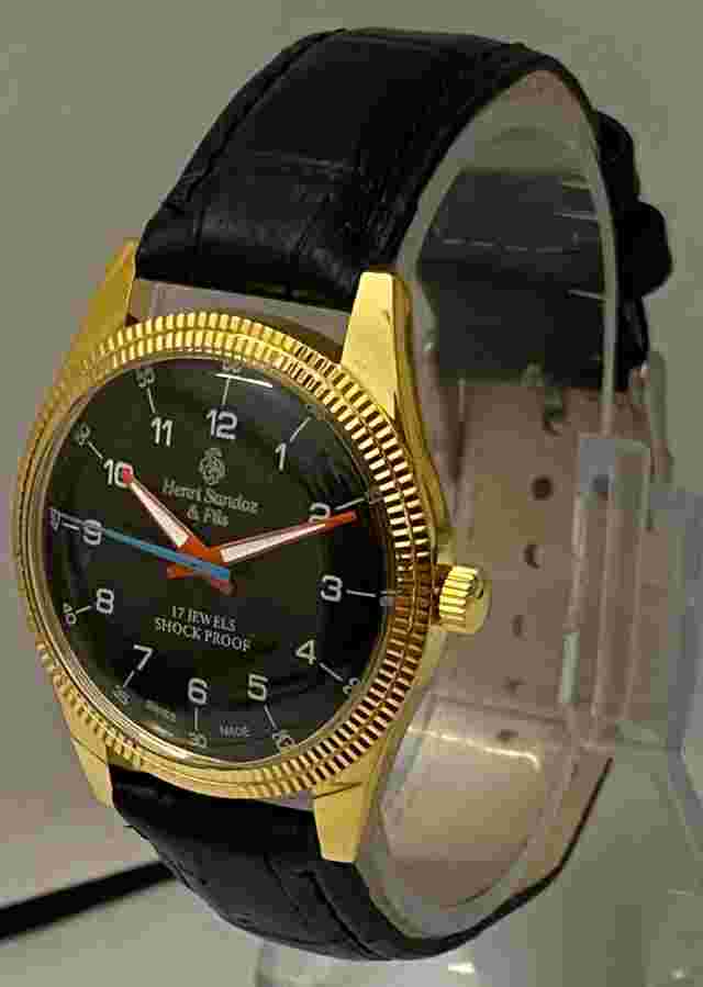 For Sale Henri Sandoz 17 Jewels Black Dial Hand Winding 17 Jewels Wrist Watch