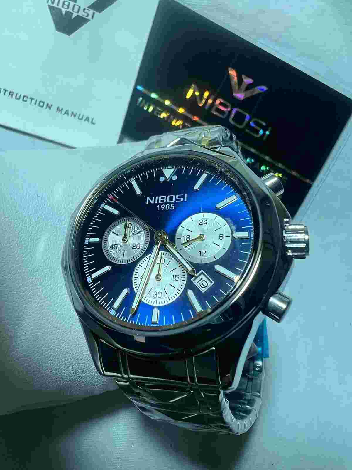 NIBOSI, chronograph date, Beautiful Navy Blue, stainless Steel,44mm,N12608,mens