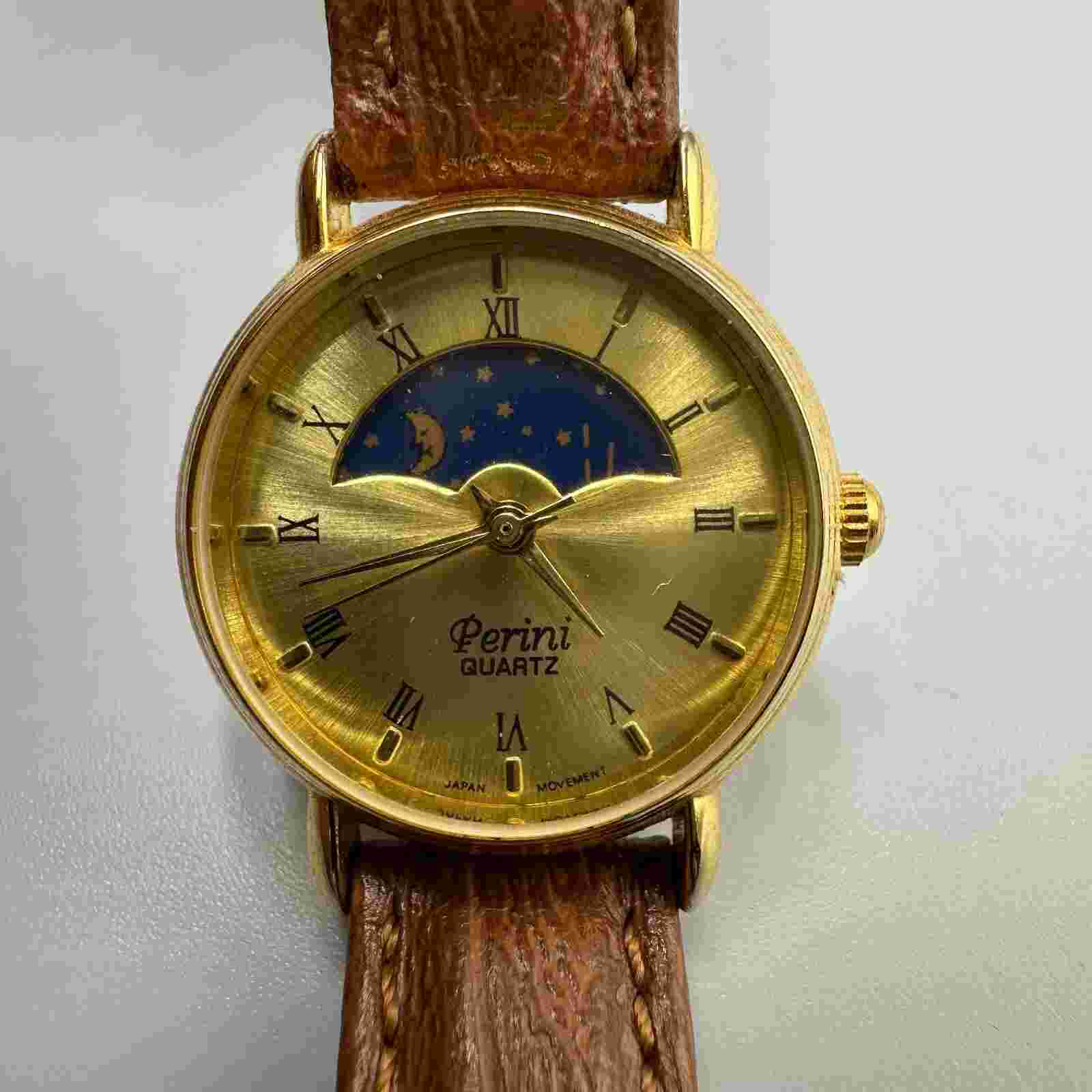 Perini Moon Phase Watch Women Gold Tone Brown Leather Skinny Band New Battery