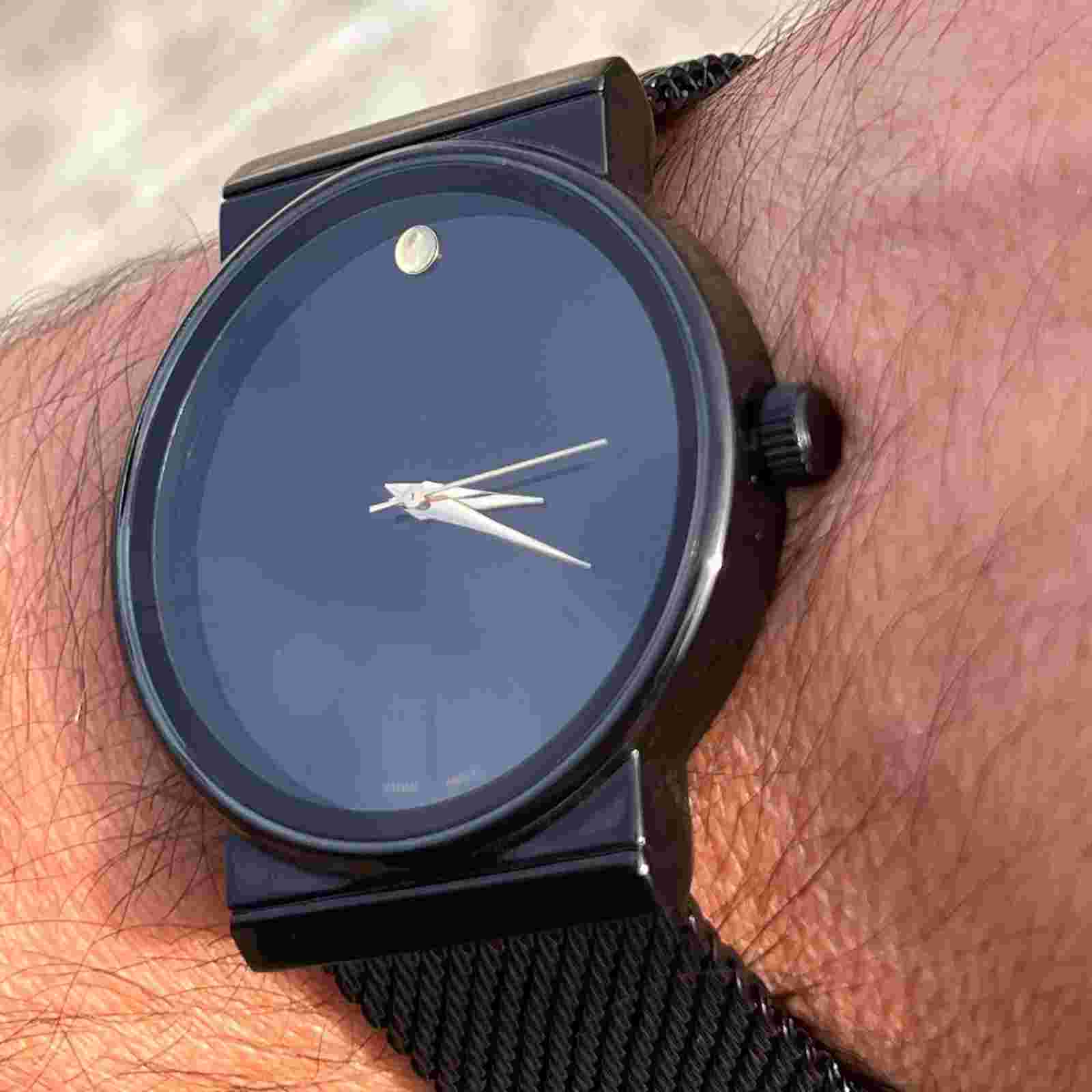 Men's Black Dress Bracelet Watch Dot Analog Flat Mesh Band Stainless Steel Back