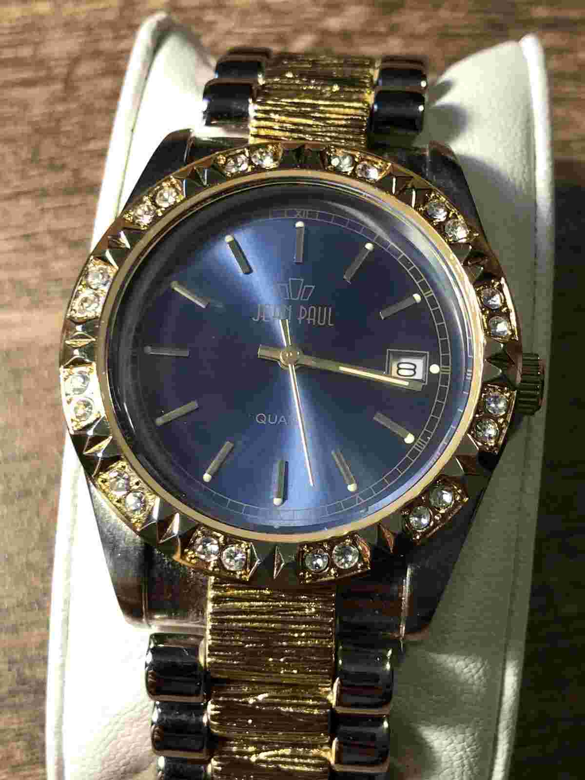 Vintage Jean Paul Watch Gemmed Bezel Silver & Gold Tone Day/Date New Battery