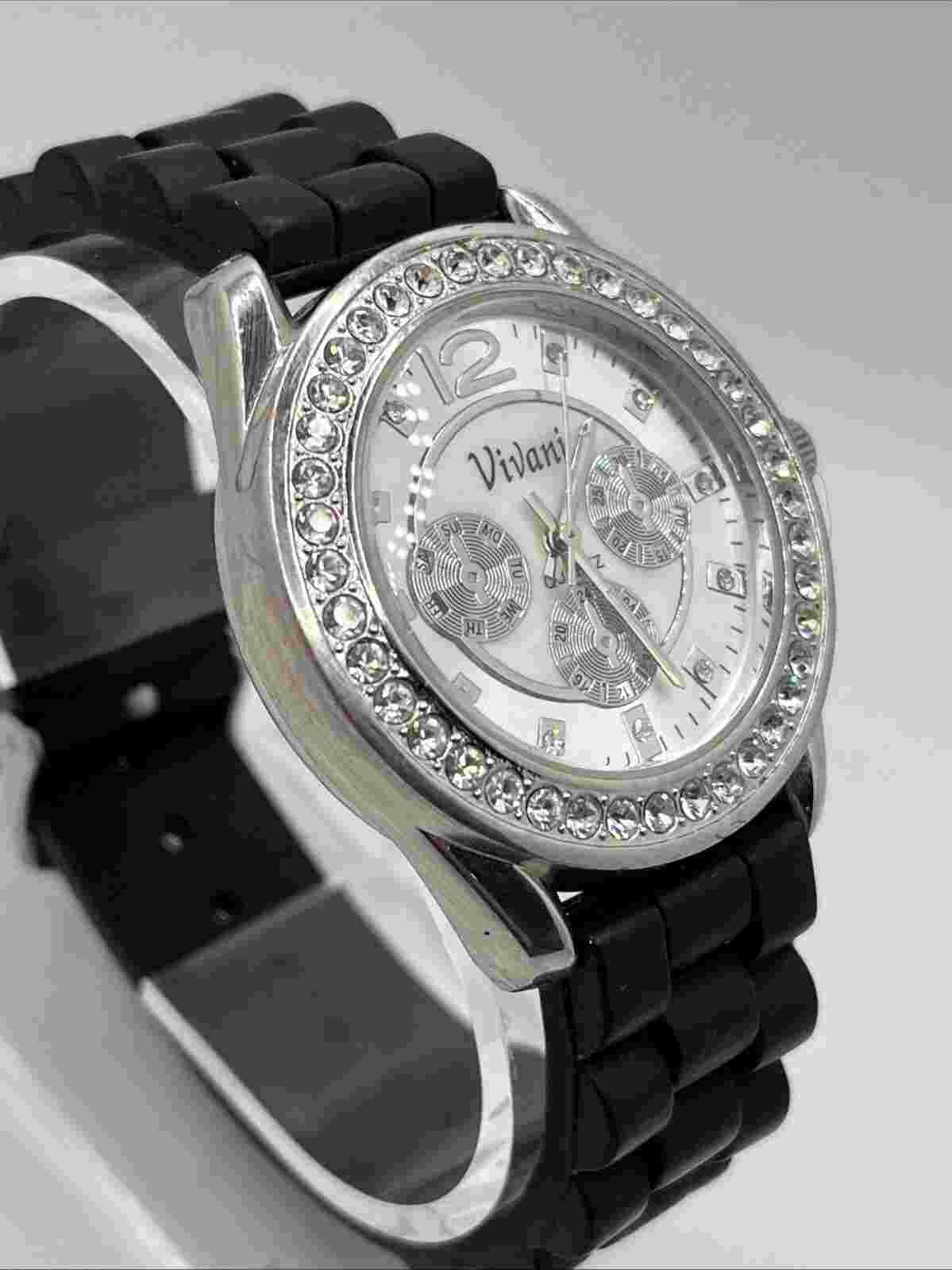Vivani Women's Quartz Watch Black Silicone Band Crystal Bezel- New Battery