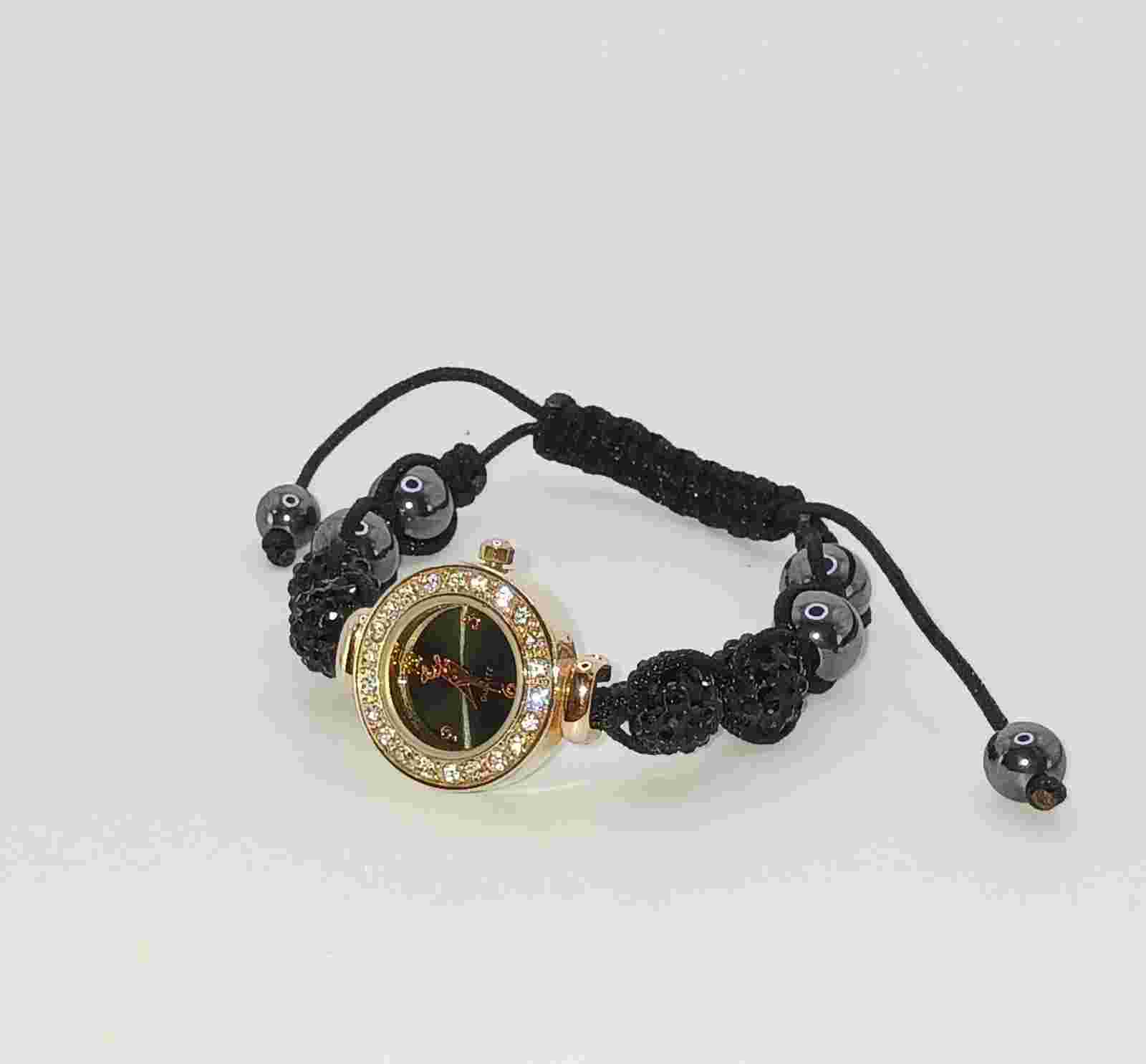 Vintage HSN Colleen Lopez Adjustable Black Crystal Shambala Bracelet Watch Boxed