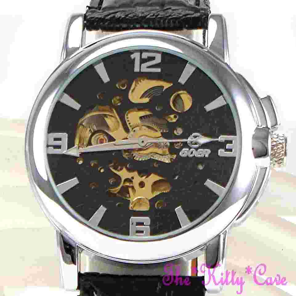 Automatic Mechanical Skeleton Steampunk Black Leather Silver Wind-Up Wrist Watch