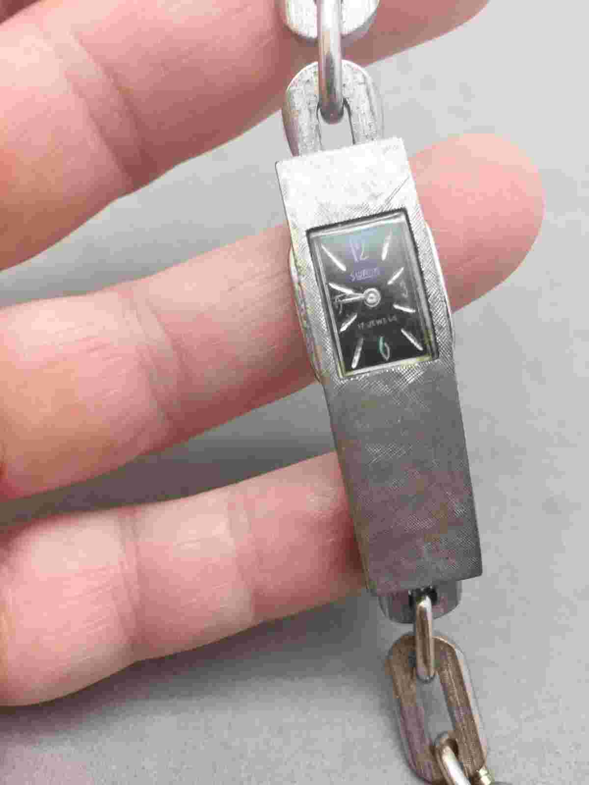 Swank 17 Jewel Watch ID Bracelet Style MCM For Repair or Parts Black Dial Silver