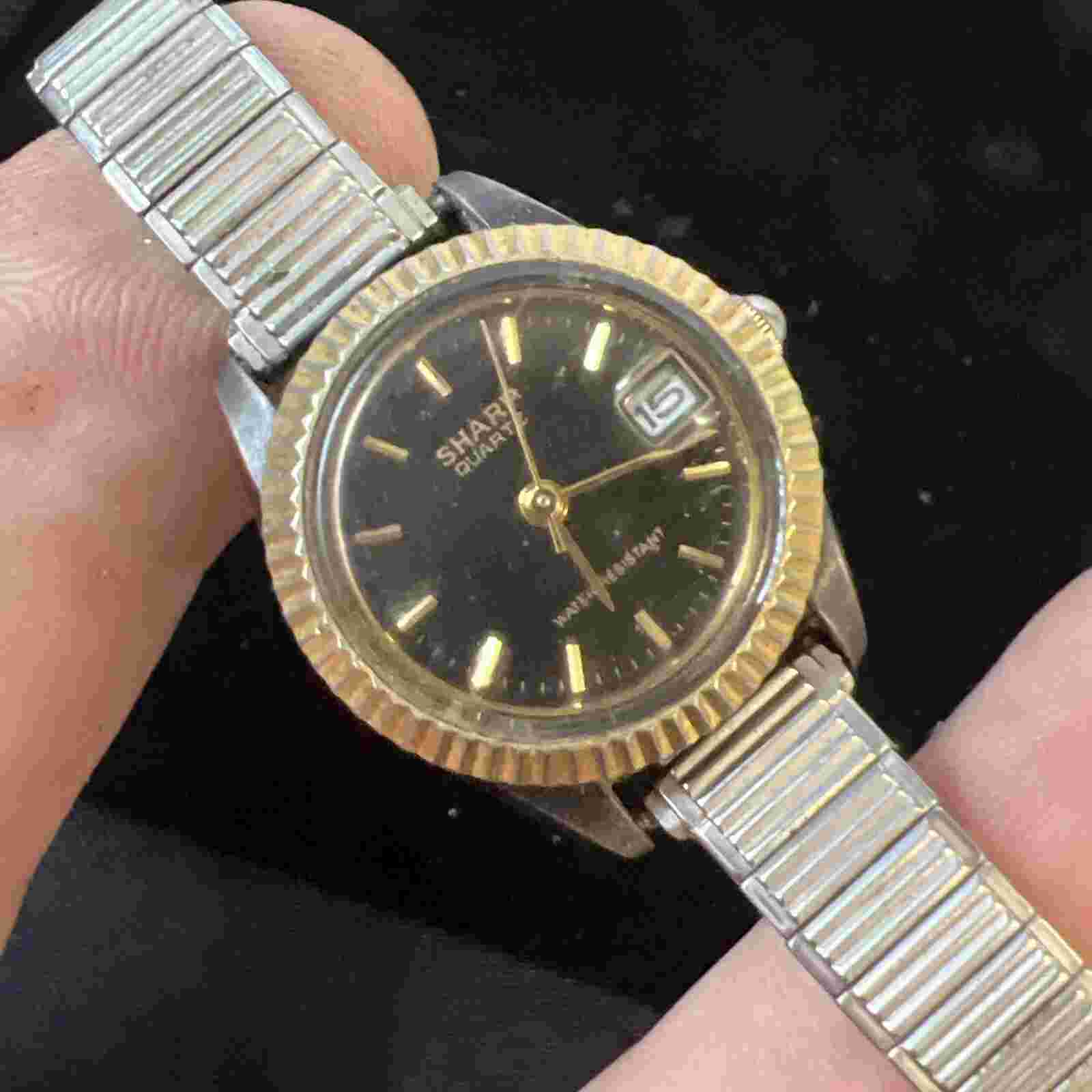 Vintage Sharp Watch Women 24mm Silver Tone Day Date Black Dial Needs Battery