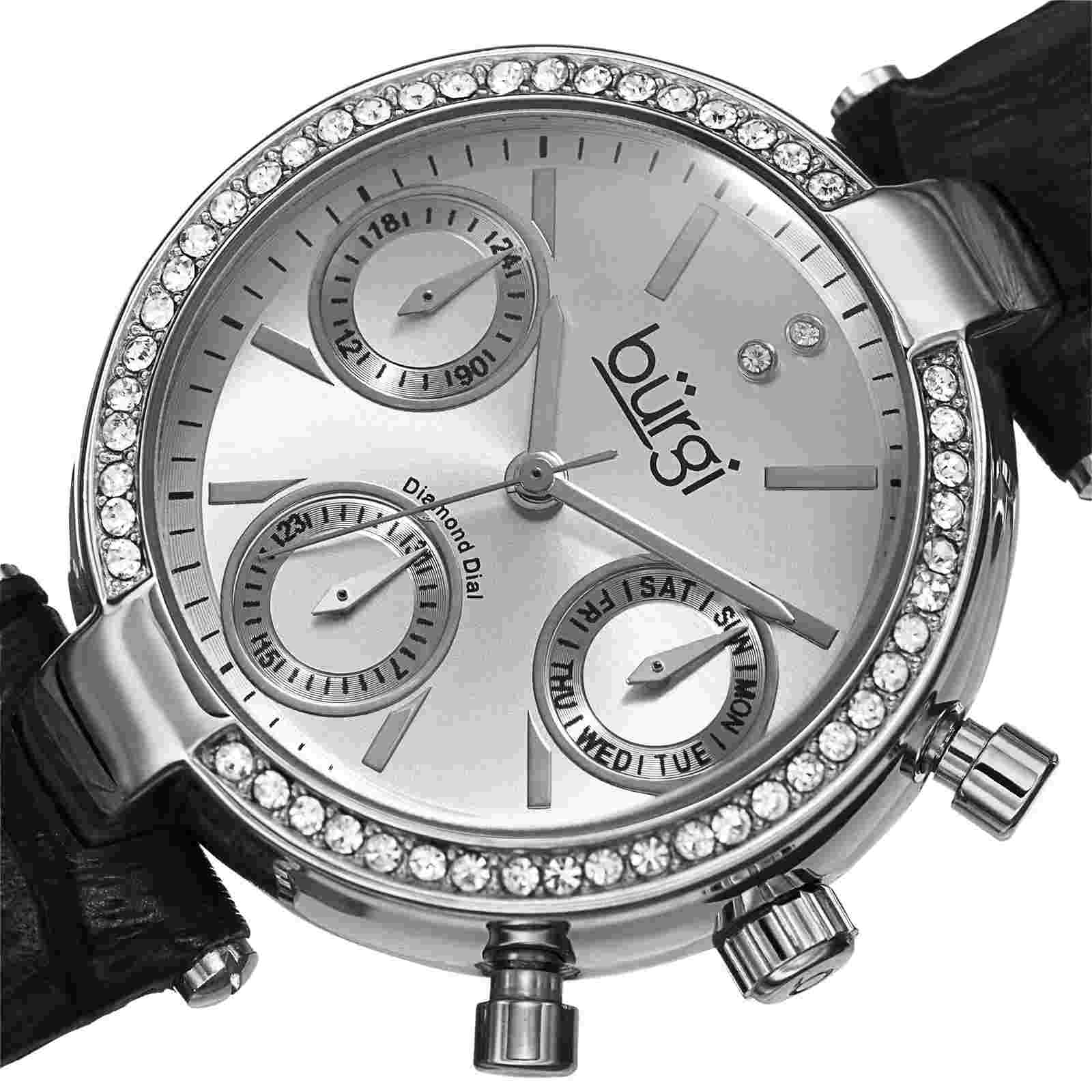 Women's Burgi BUR129SS Diamond Swiss Multifunction Black Leather Strap Watch