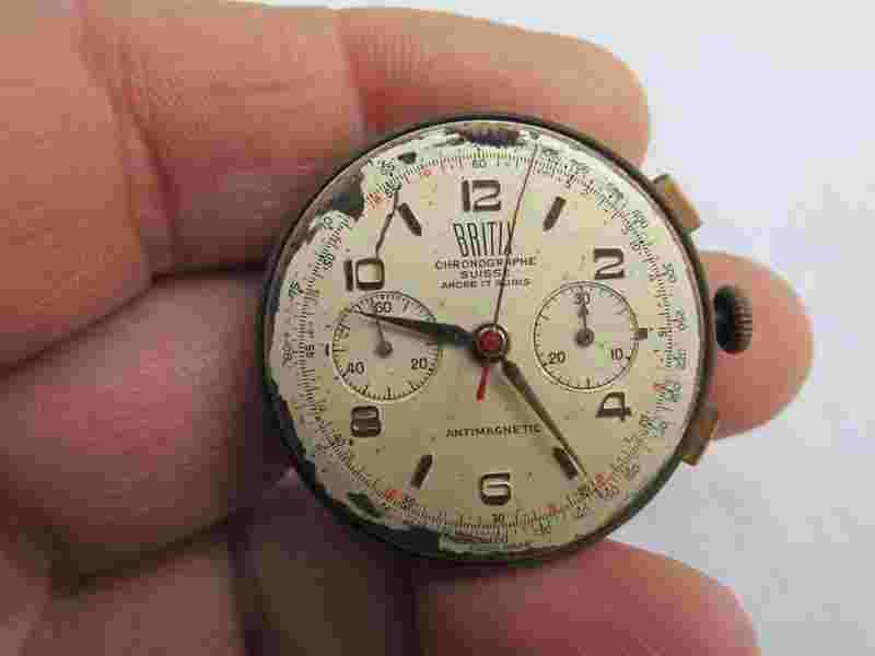 OLD WRISTWATCH, CHRONOGRAPH, WORKS, BRITIX, LANDERON, NO CASE, FOR RESTORE,LQQK