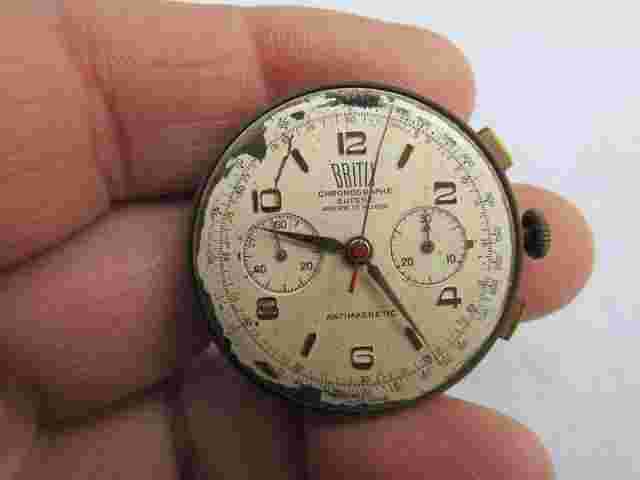 OLD WRISTWATCH, CHRONOGRAPH, WORKS, BRITIX, LANDERON, NO CASE, FOR RESTORE,LQQK