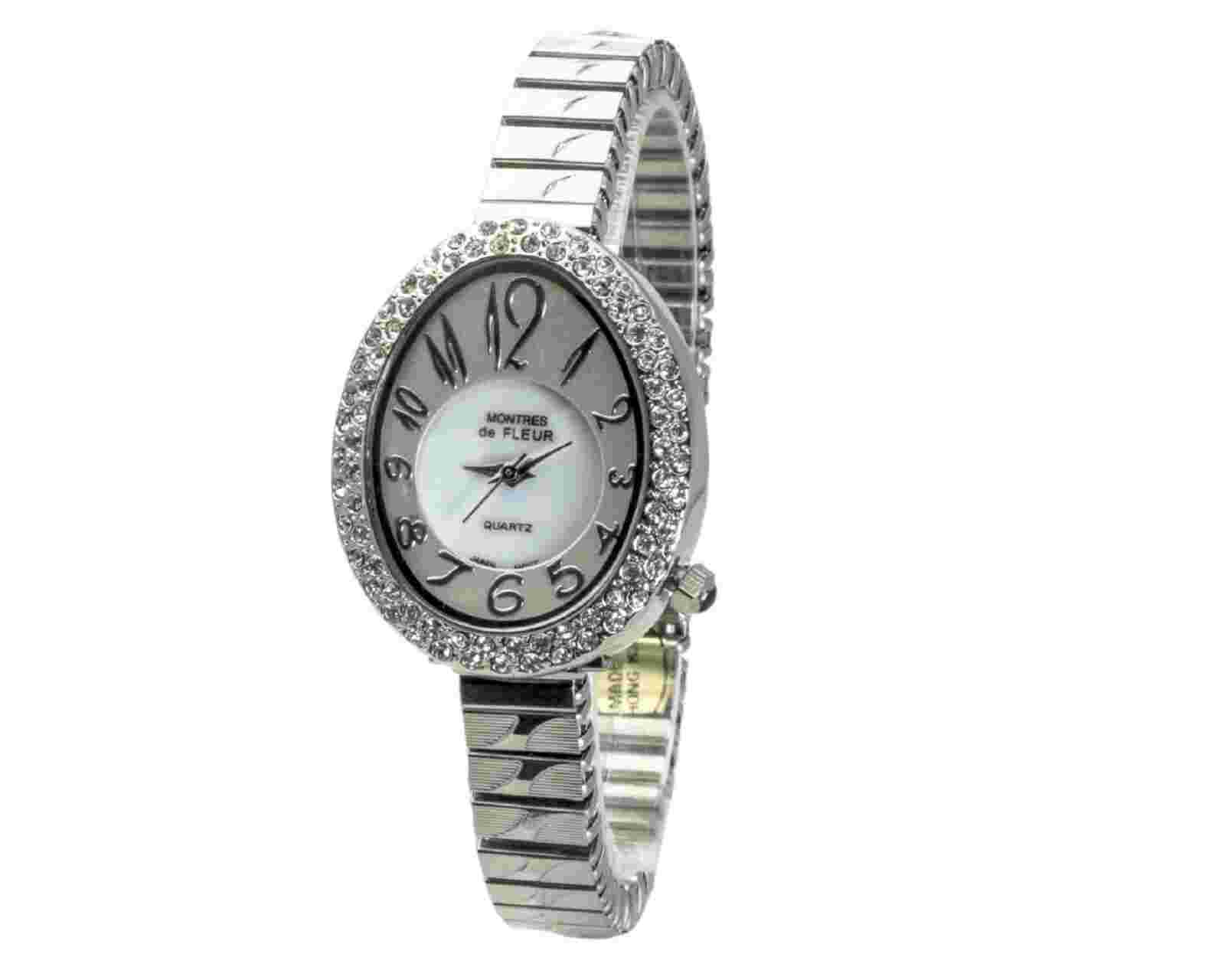WOMEN'S STAINLESS STEEL STRETCH BAND OVAL STONES CASE ANALOG QUARTZ WATCH