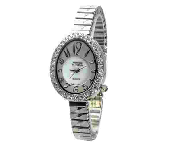 WOMEN'S STAINLESS STEEL STRETCH BAND OVAL STONES CASE ANALOG QUARTZ WATCH
