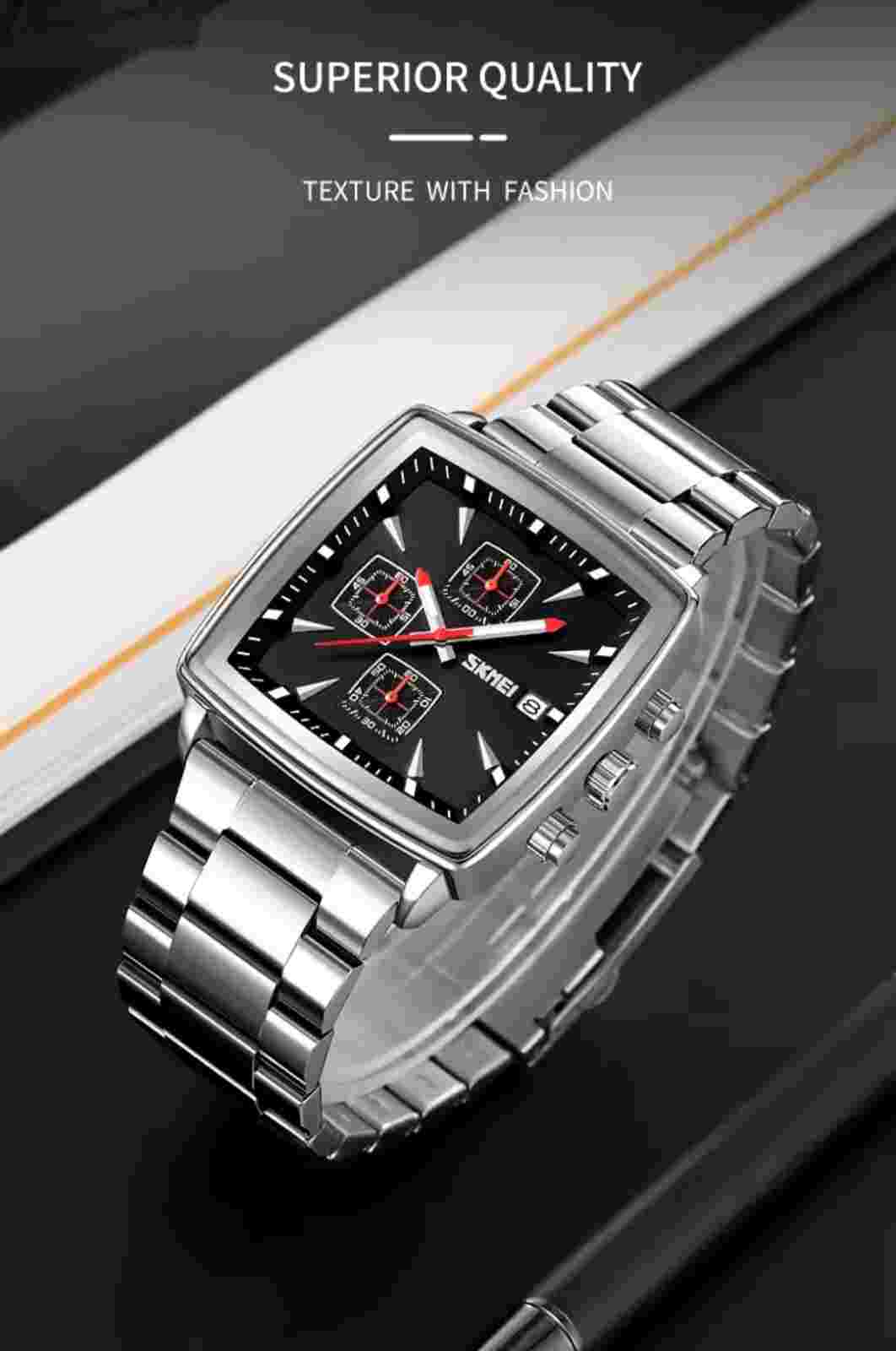 Mens watch chronograph Silver steel strap Time Date Quartz Stop Watch + Case*