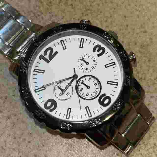 FMD Large Quartz Watch 51mm FMDM0168 Silver w/ White Dial Black Bezel Runs Well