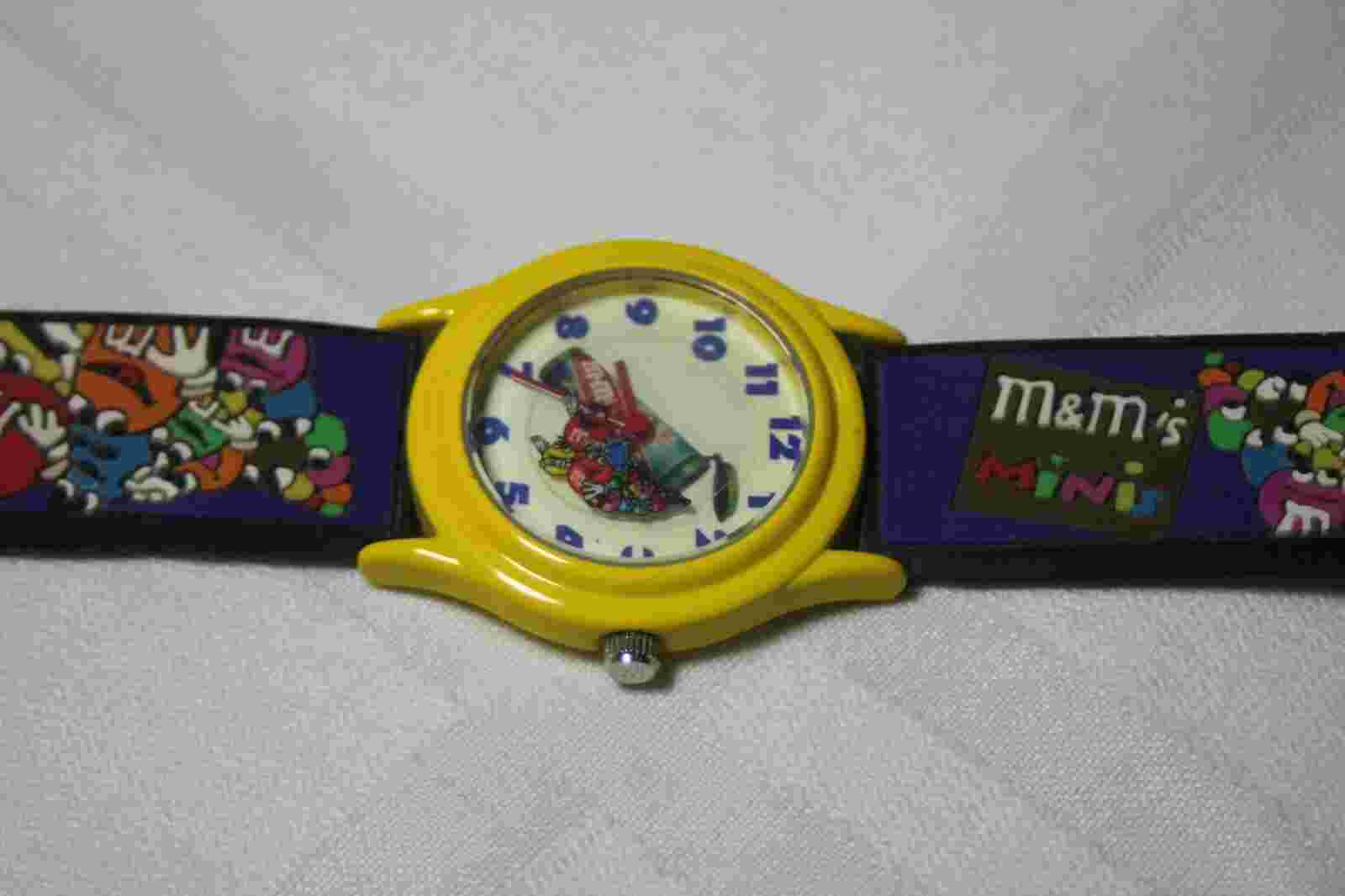Rare Vintage M&M Watch Unique Movement Colorful Band Yellow Case WORKING M and M
