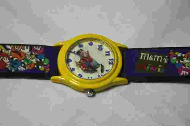 Rare Vintage M&M Watch Unique Movement Colorful Band Yellow Case WORKING M and M
