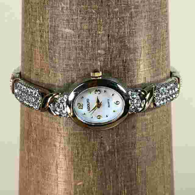 Adolfo Women White Mother of Pearl Dial 18mm Oval Pave Quartz Analog Watch 7"