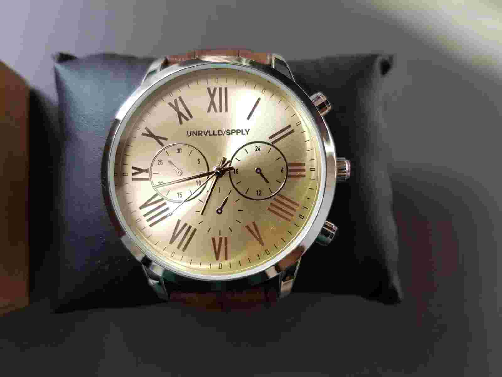 Unrvlld Spply ASOS Mens Watch Gold Face Brown Faux Leather Strap Roman Numerals