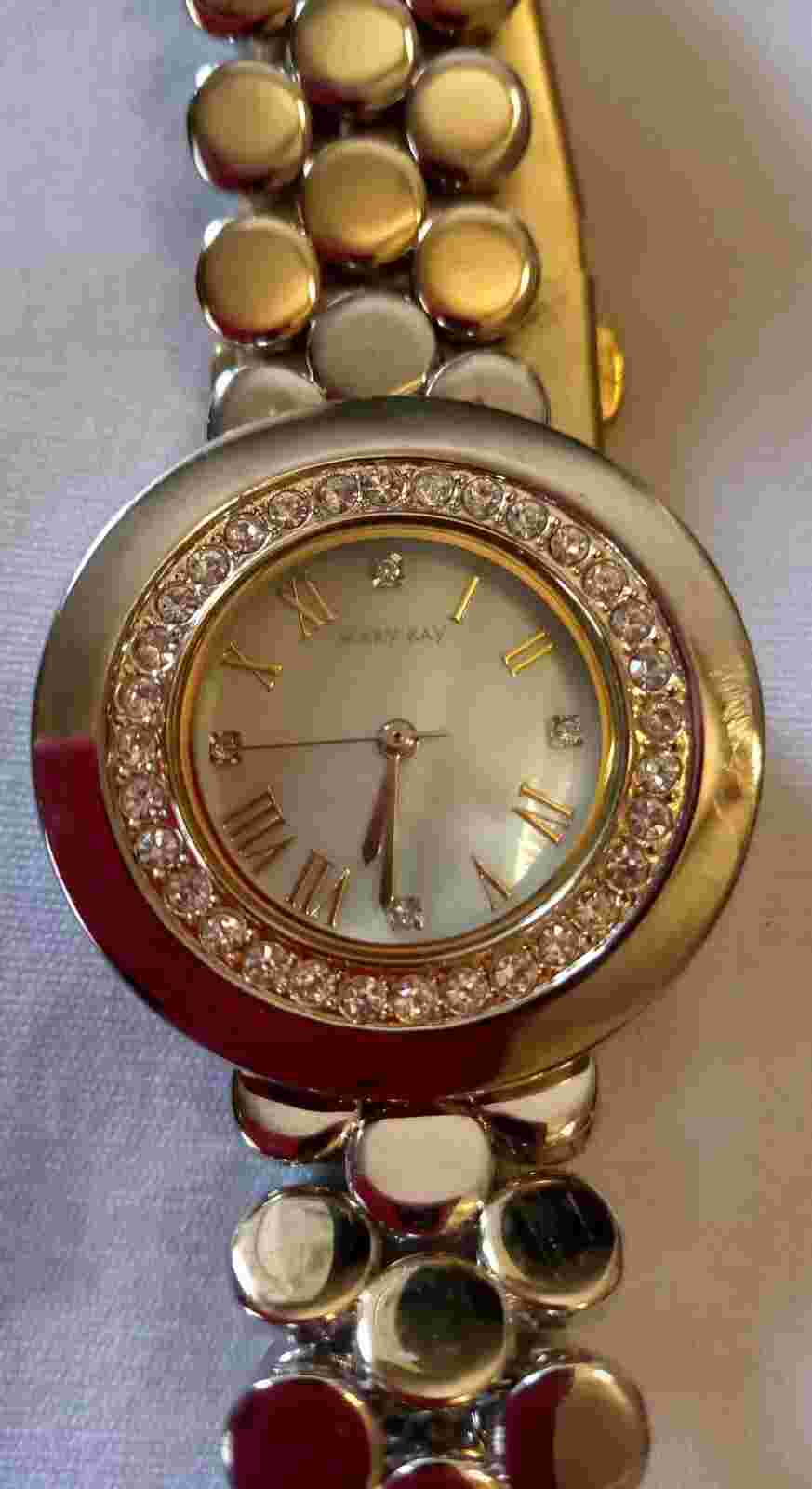 Mary Kay Watch 12-Hour Dial Crystals Roman Numerals Mother Of Pearl 9" Free Ship