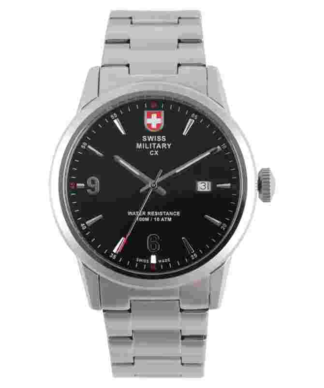 CX Swiss Military GRUNT Officer Watch Swiss Quartz SS Bracelet Black Dial 2886