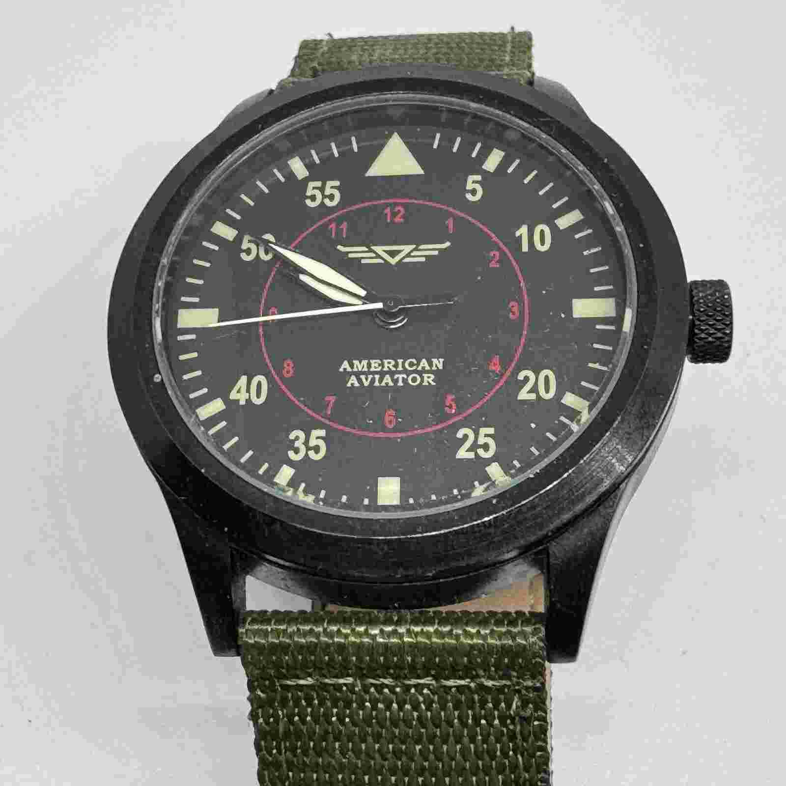 American Aviator Quartz Watch Men 30m Black Green Canvas Analog New Battery
