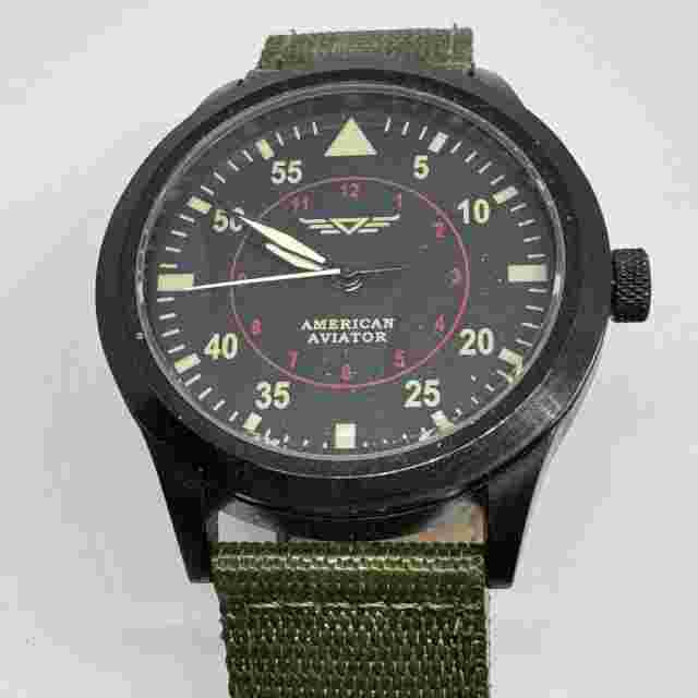 American Aviator Quartz Watch Men 30m Black Green Canvas Analog New Battery