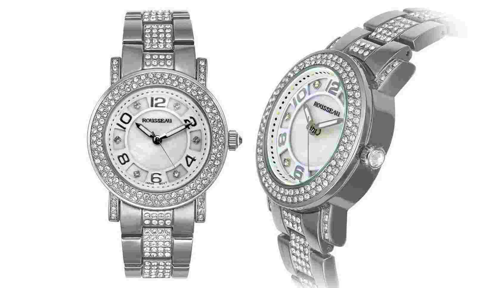 NEW Rousseau 9439 Womens Piera MOP Dial Silver Swarovski Crystal Encrusted Watch
