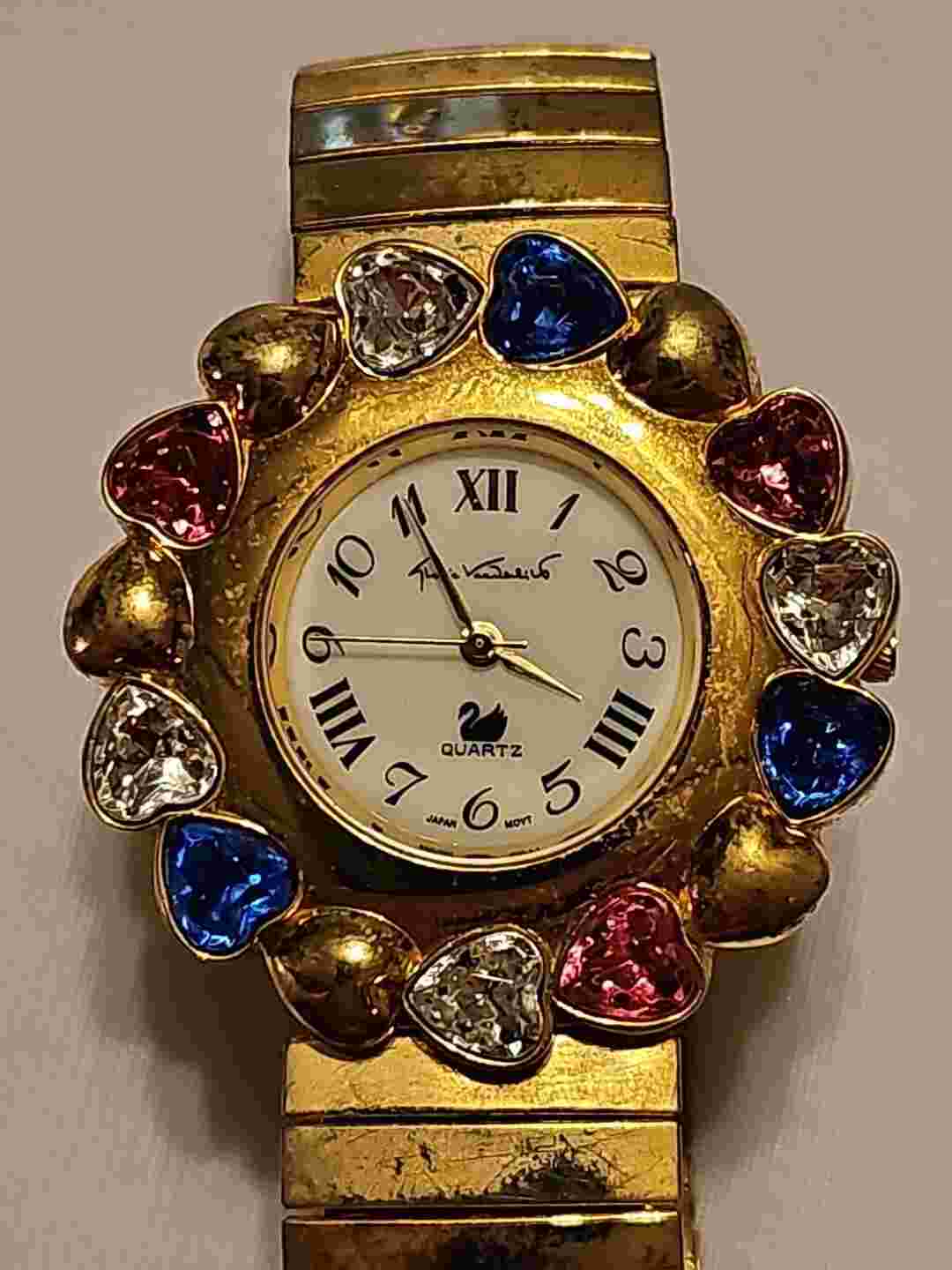 Vintage Gloria Vanderbilt Faux Gem Hearts Bezel  Stretch Band V3700