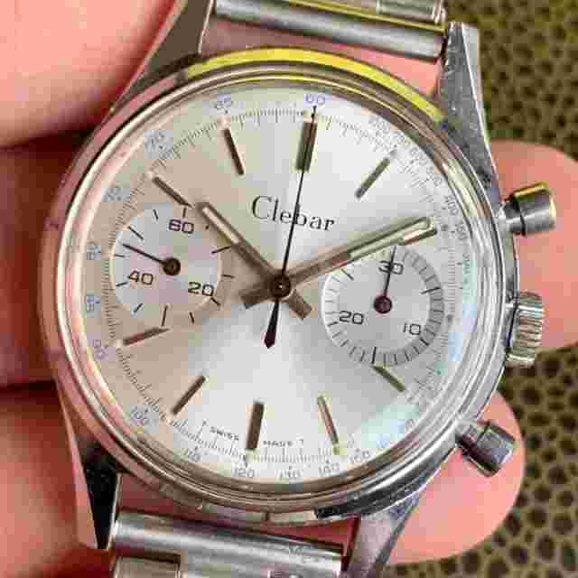 Vintage Clebar 2 Register Silver Dial Manual Wind Chronograph Valjoux 7733