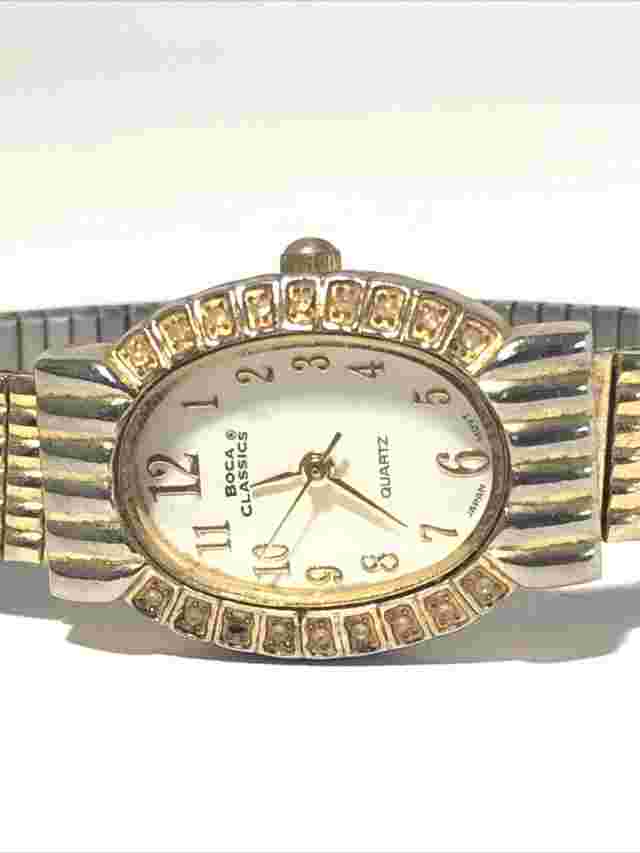 Vintage Ladies Quartz Wrist Watch-Gold Tone Stretch Band, Crystal Gems. New Bat!