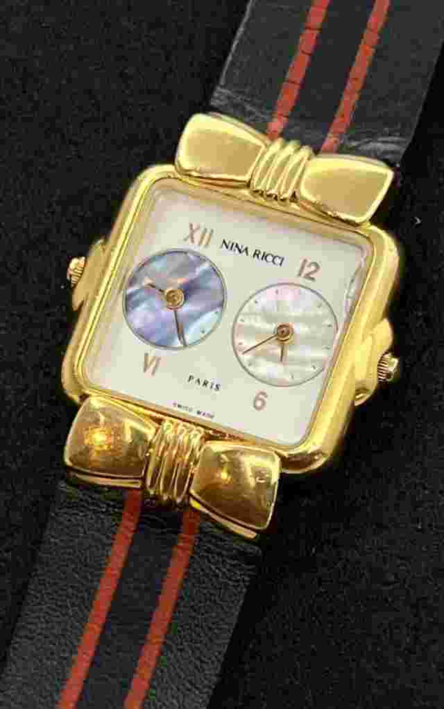 Vintage NINA RICCI Dual Time Women’s 24mm Swiss Quartz Watch 7 Jewels Gold MOP