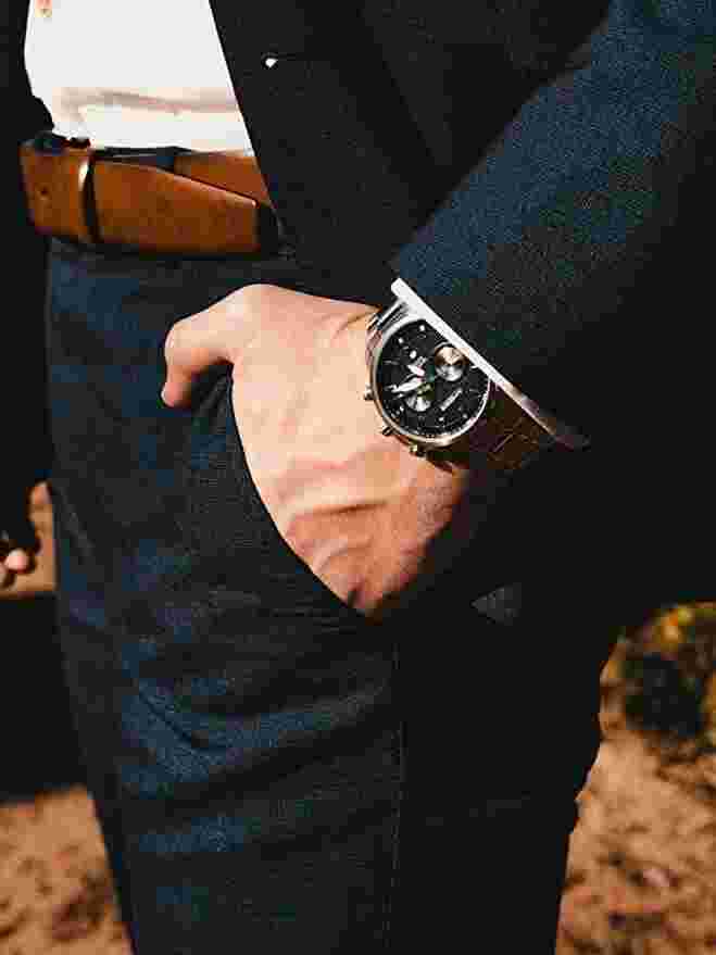 Amber Time Quartz Chronograph Watch with Stainless Steel Band Black Face