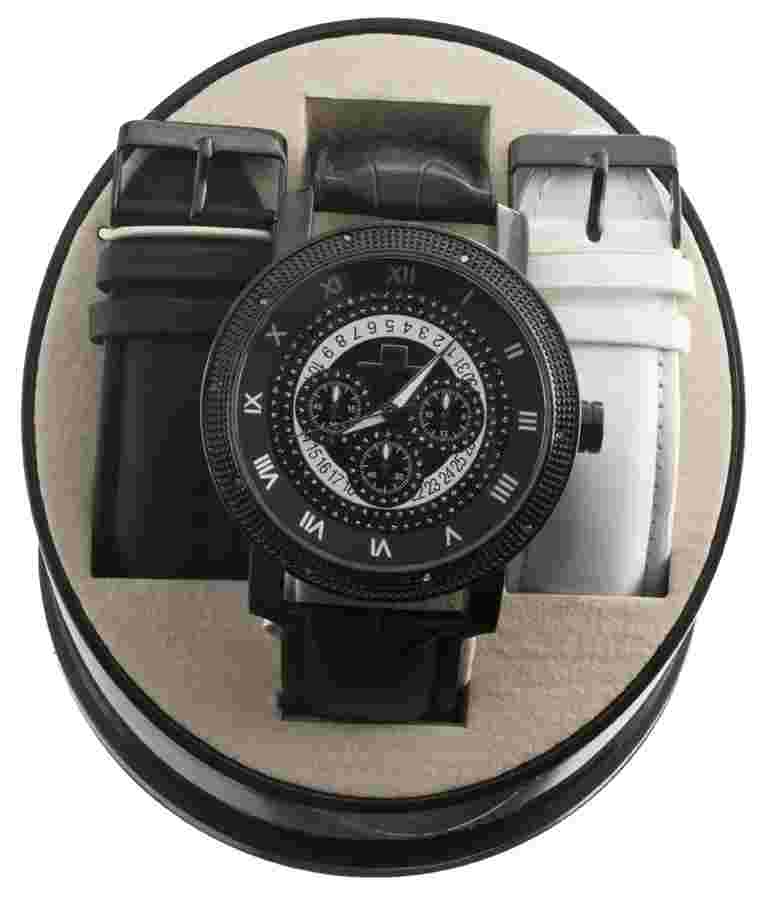 Super Techno M-6001 Men's Diamond Black Dial Leather Band Watch