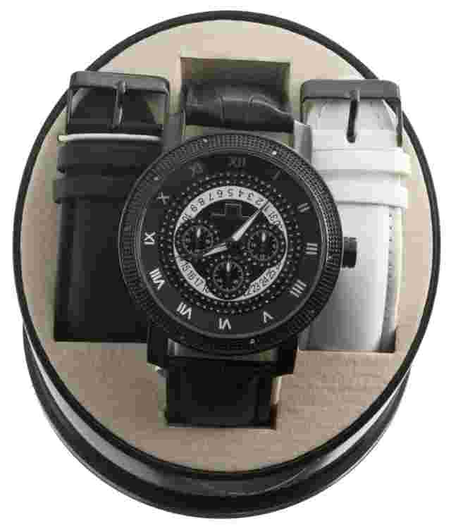 Super Techno M-6001 Men's Diamond Black Dial Leather Band Watch