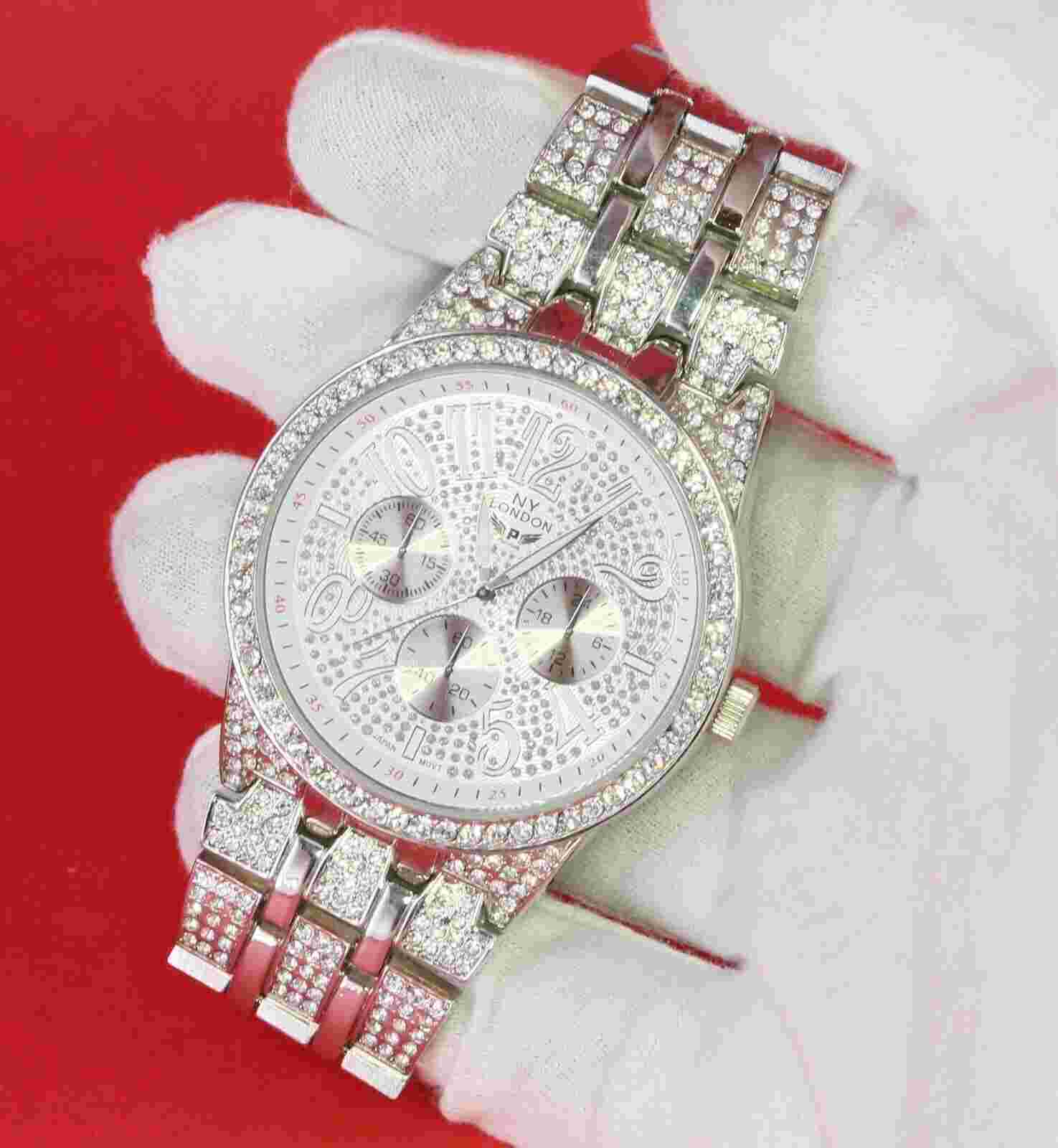 NY LONDON Men Iced Hip Hop Silver Finish Metal Link Band Rapper Watch New