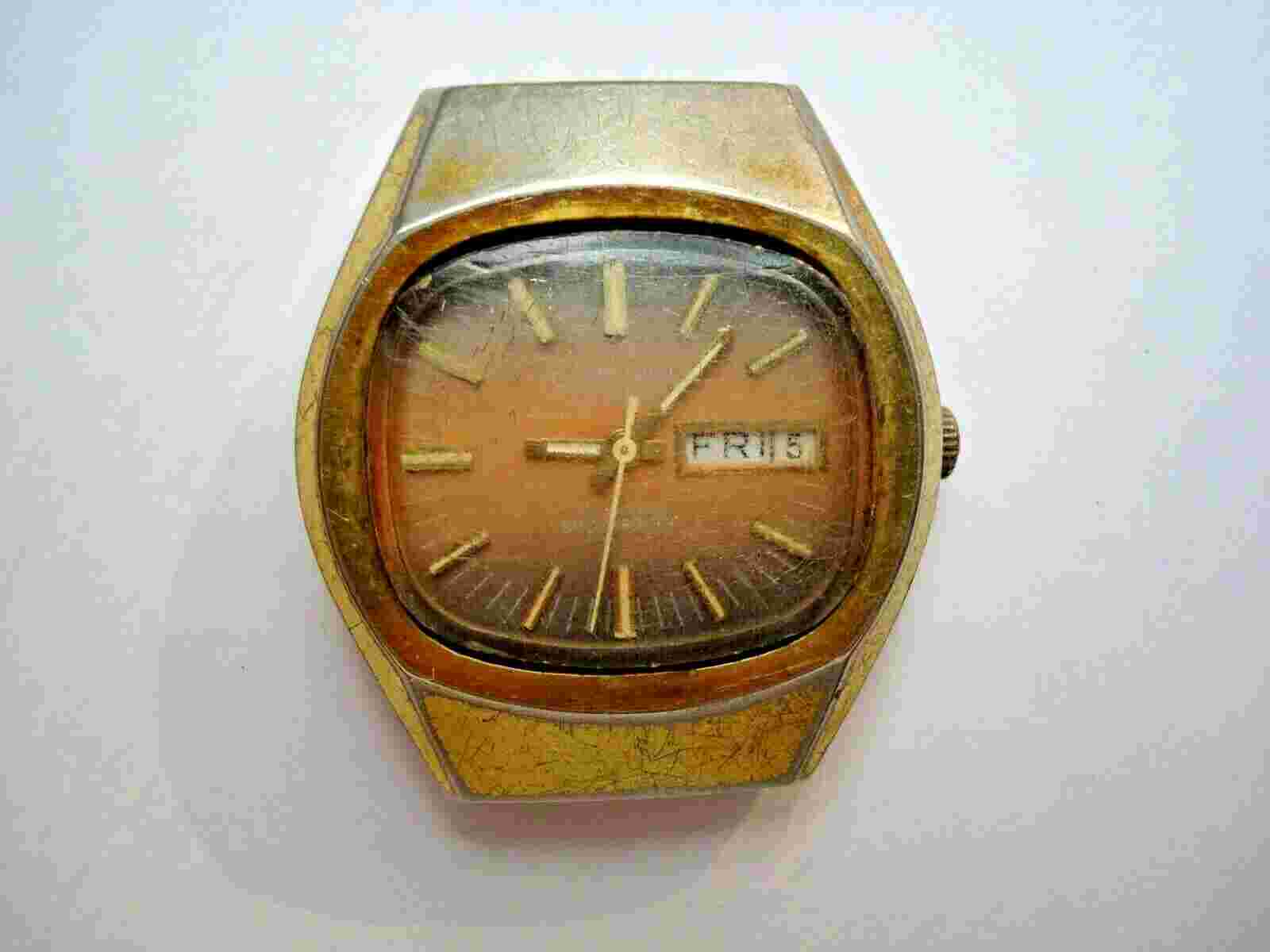 CARDINAL MENS AUTOMATIC WATCH TV Shape 17Jewels DAY DATE 2 tone Brown Dial RUNS