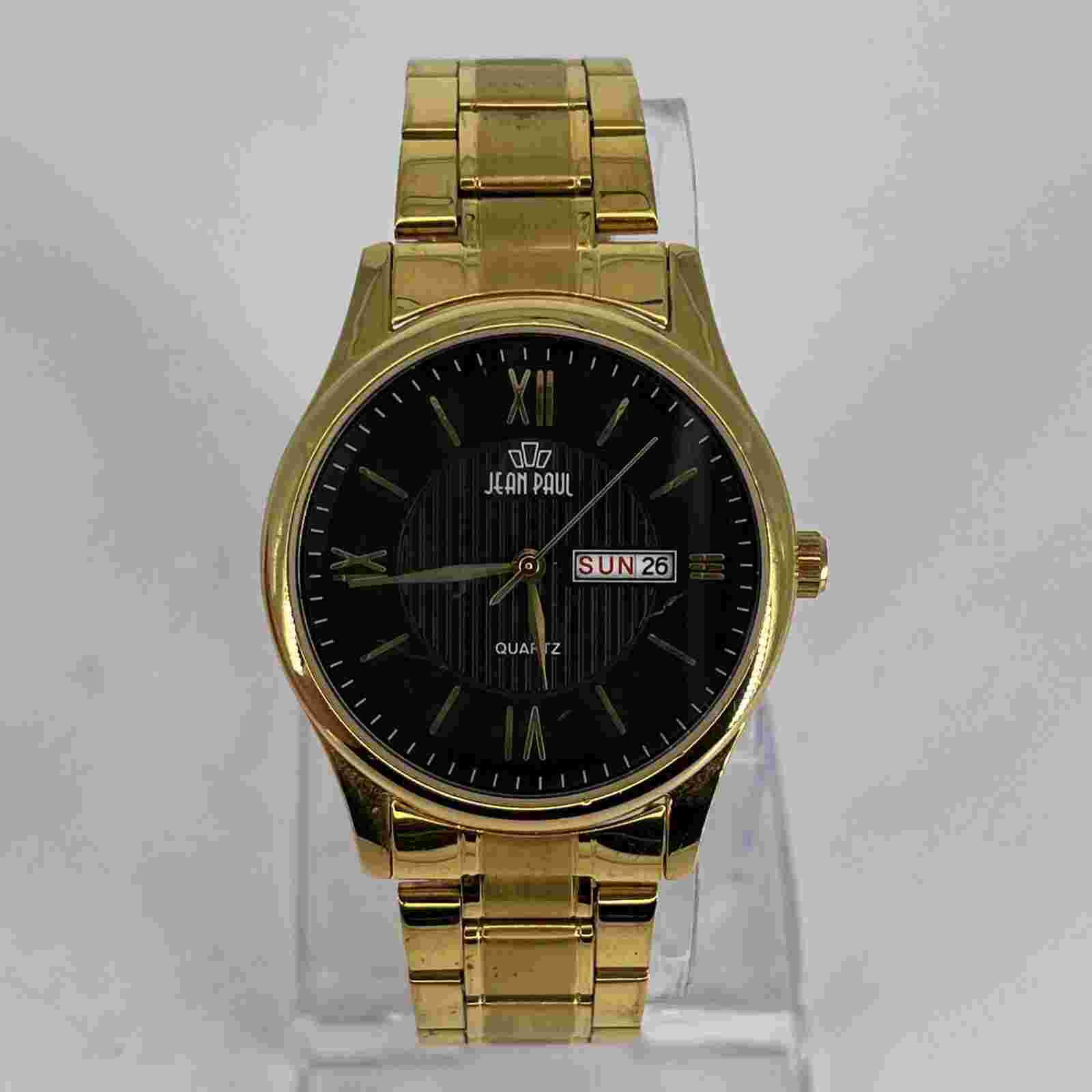 JEAN PAUL Men's Watch Round Black Dial Day/Date  Gold Tone Band NEW BATTERY RUNS