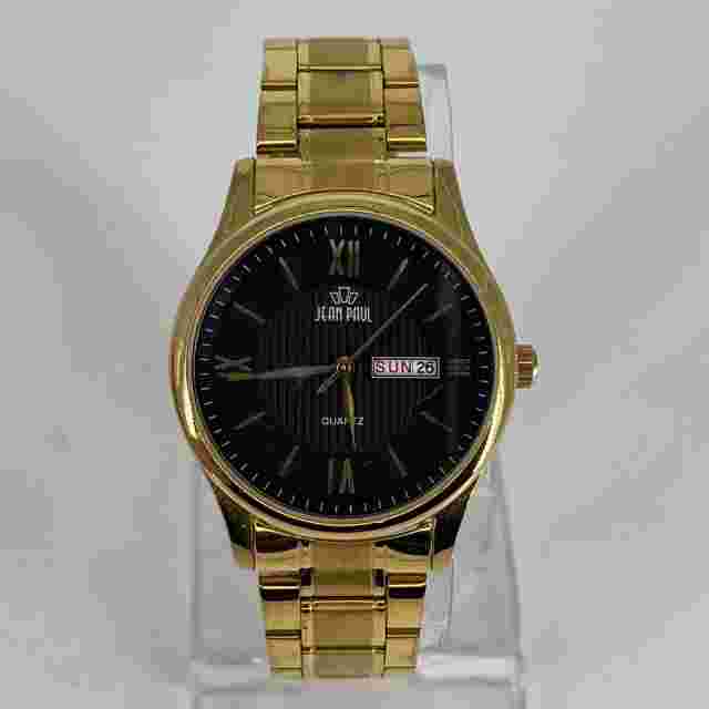 JEAN PAUL Men's Watch Round Black Dial Day/Date  Gold Tone Band NEW BATTERY RUNS