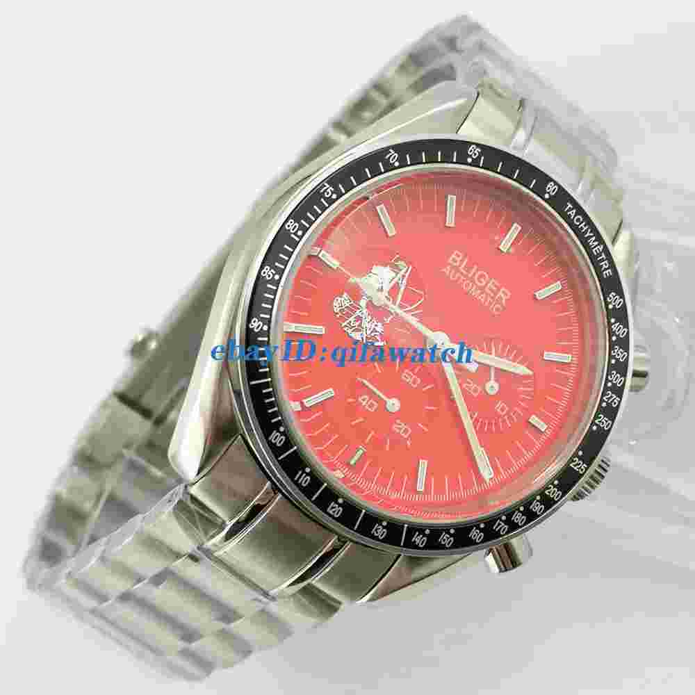 BLIGER Red 40mm Automatic Men Watch Date Indicator steel Band bracelet Gift