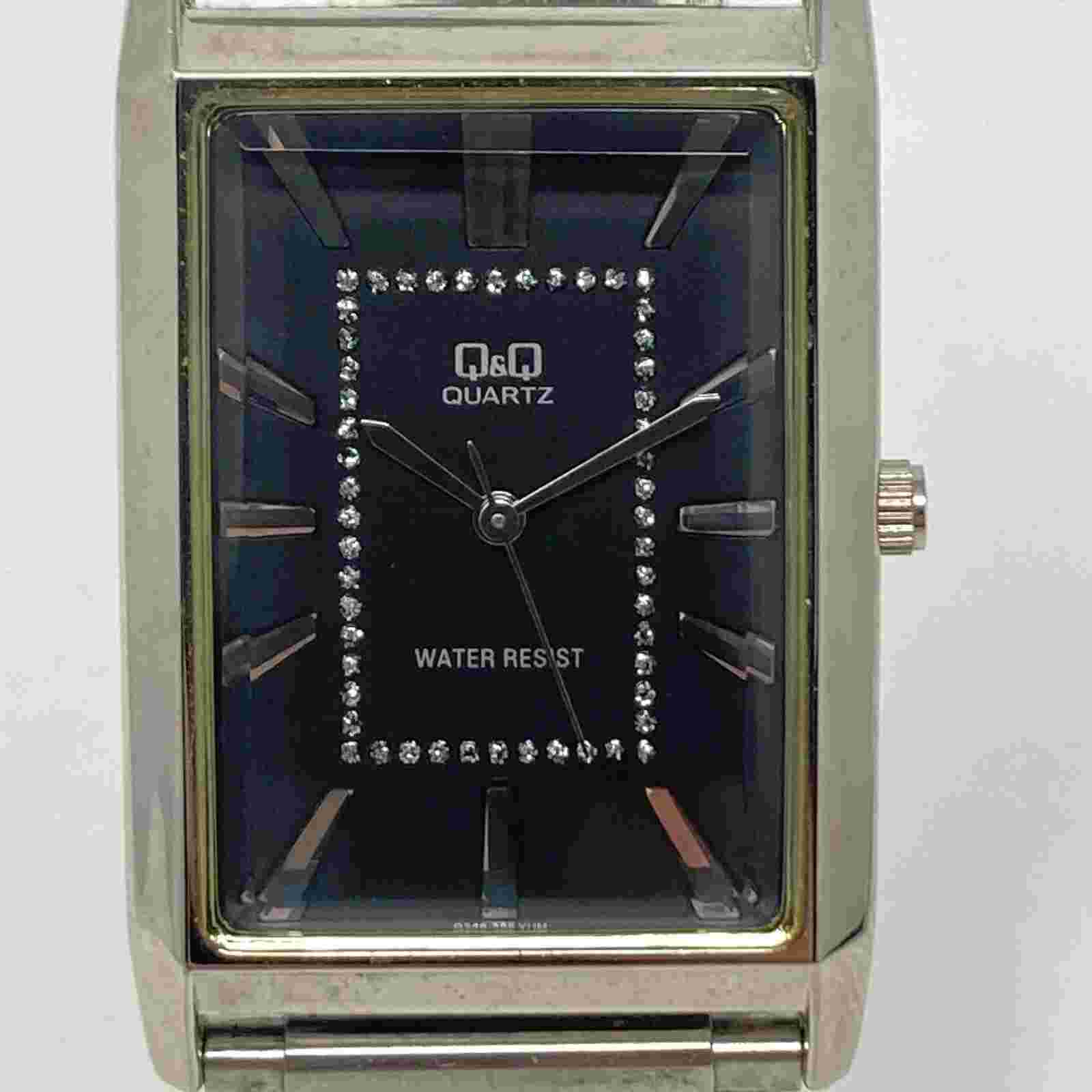 Q&Q Tank Watch Men Women Silver Tone Black Dial Stretch Band New Battery 7.5"