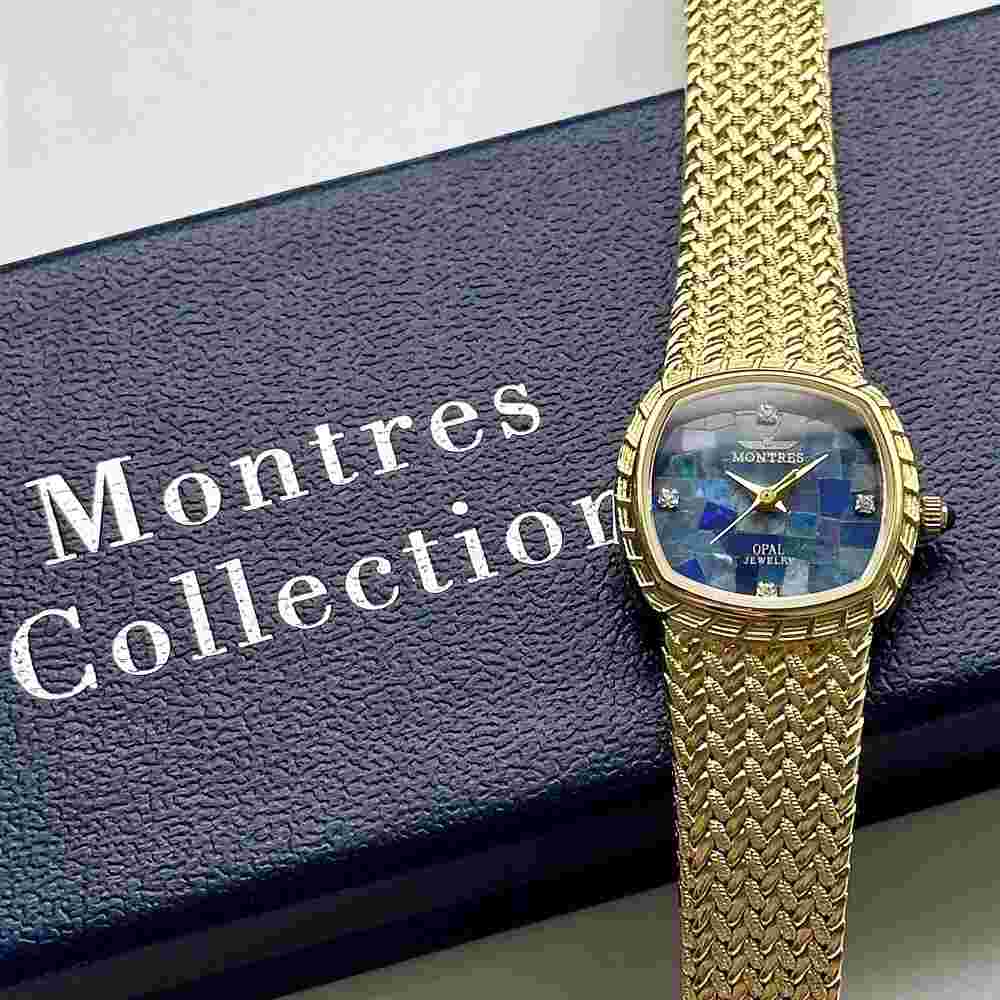 Montres Watch Hand Ladies Natural Stone Opal Dial Blue Stainless Steel Gold JPN