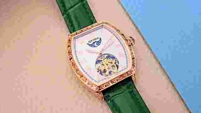 Automatic Retro Tonneau Skeleton Mechanical Watch Rose Gold White Green Leather