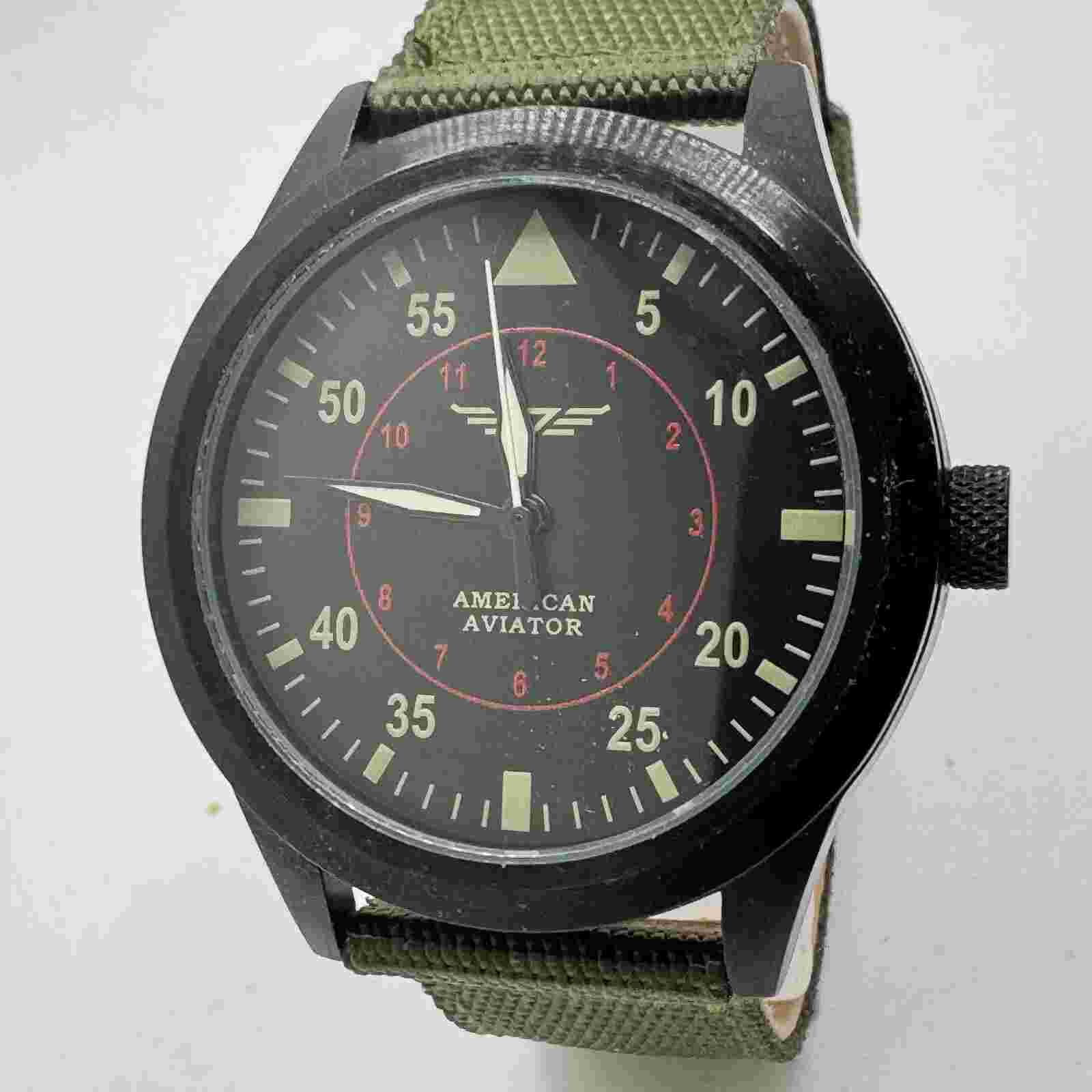 American Aviator Quartz Watch Men 30m Black Green Canvas Analog New Battery