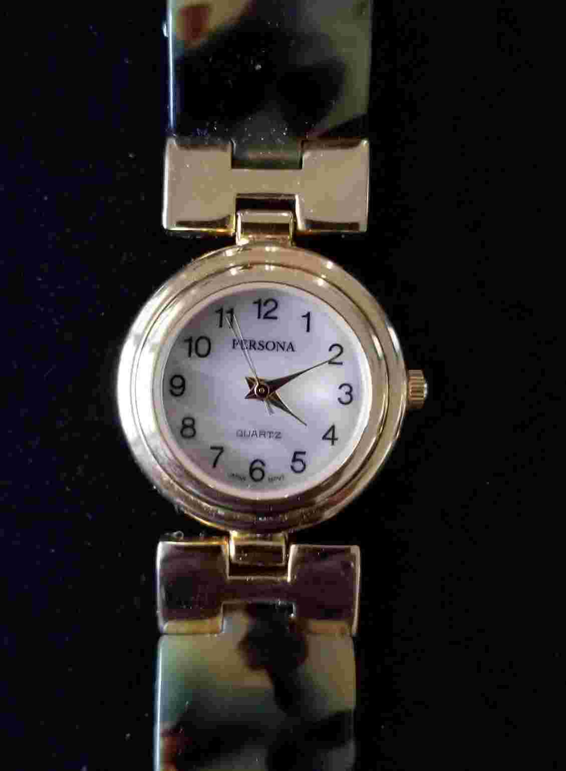 Persona Gold Tone Watch MOP Face Animal Print Inserts 7" Max Size New Battery