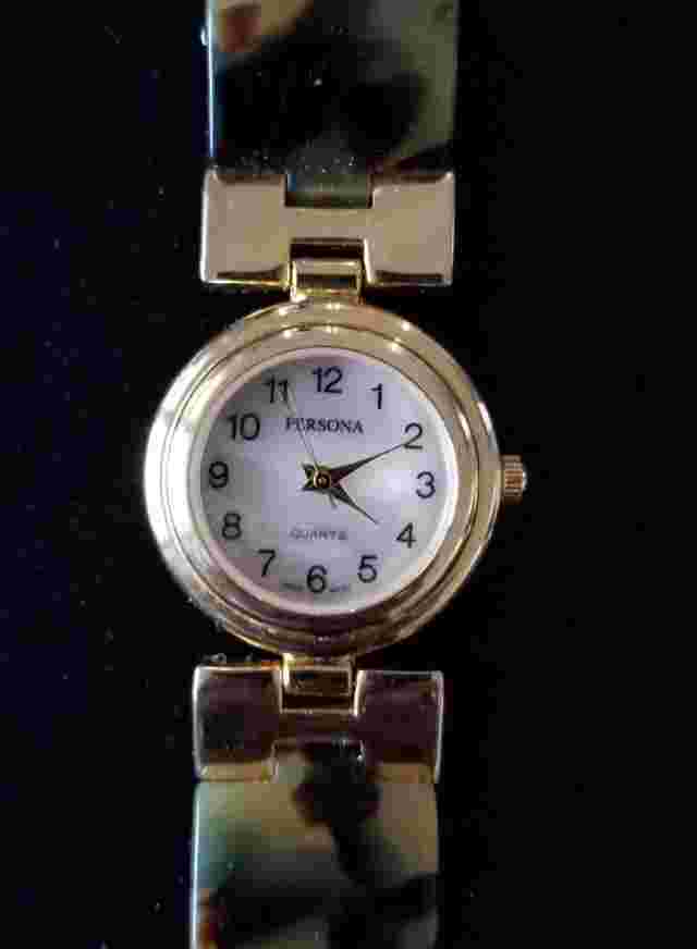 Persona Gold Tone Watch MOP Face Animal Print Inserts 7" Max Size New Battery