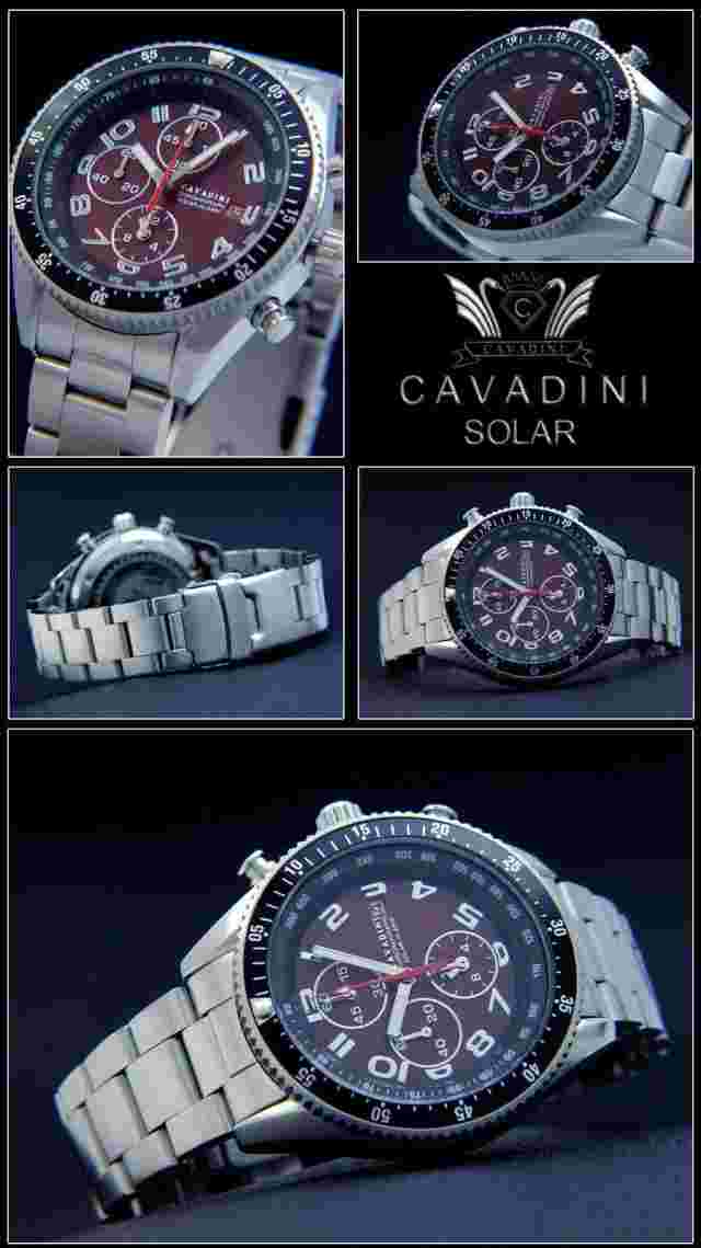Cavadini Solar Watch Alarm Chronograph CV-2015A Stainless 10 BAR Date Wine Red