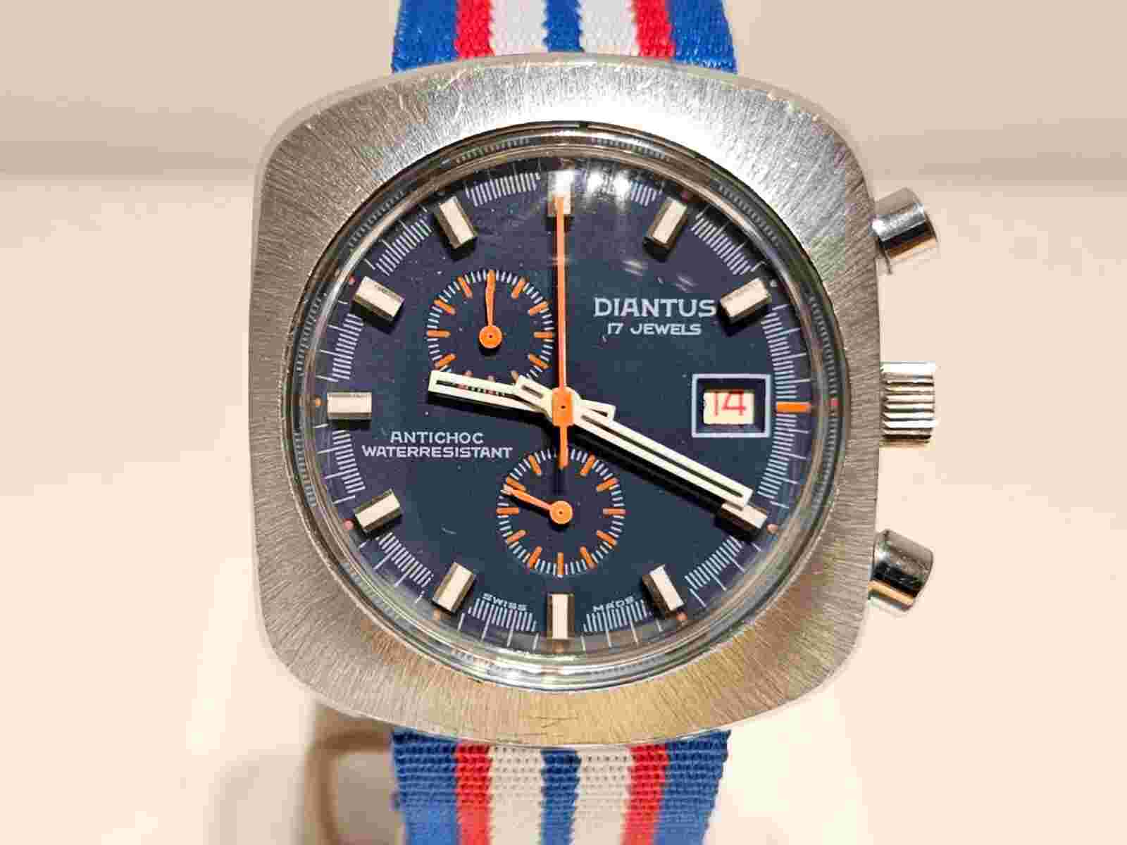 VINTAGE RARE SWISS MEN'S MECHANICAL CHRONOGRAPH WATCH "DIANTUS" 17J./BLUE DIAL